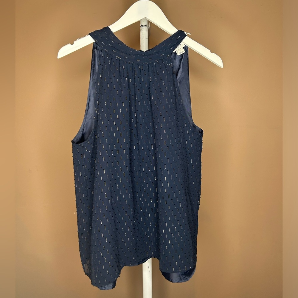 J Crew Women’s Top Navy Blue Gold Thread Tie Neck Blouse